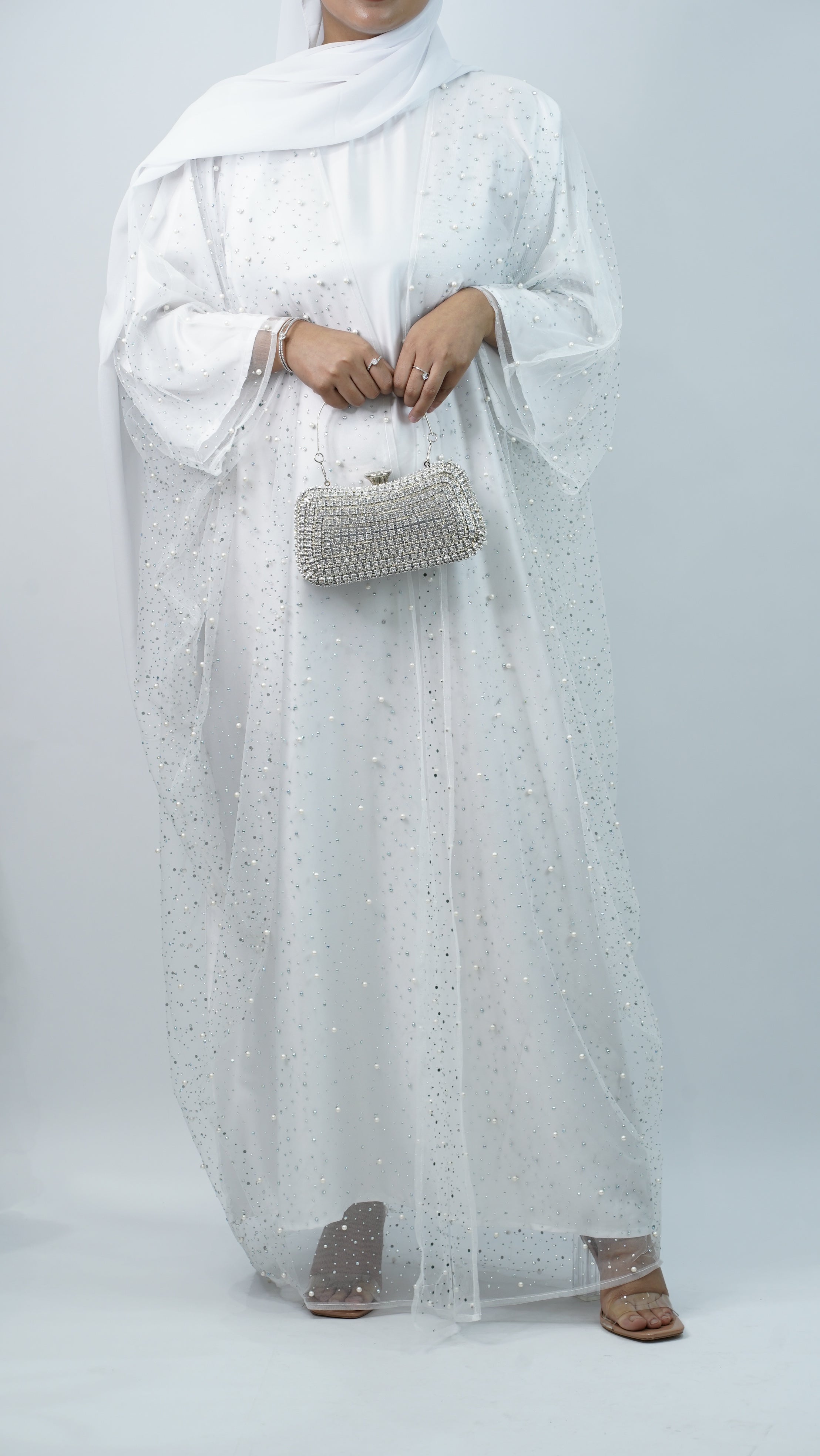 White Stone Net Farasha Abaya White