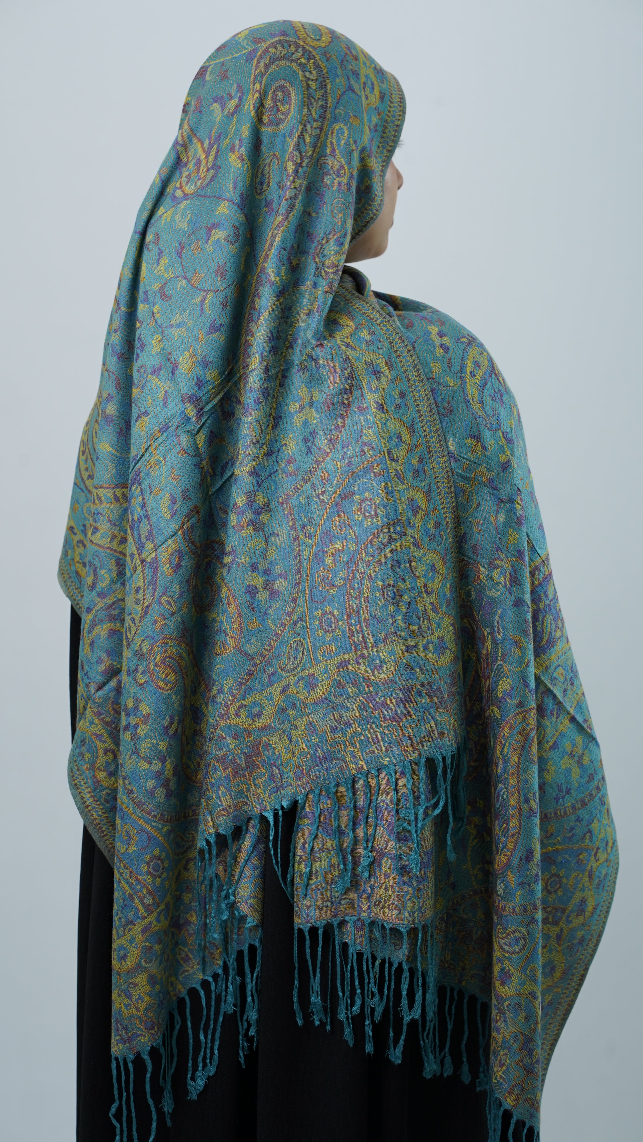 Pashmina Turquoise Blue Lime Floral Shawl