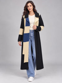 Patchwork long knit cardigan in blue colour-block, maxi length open-front knit - AMIRIS