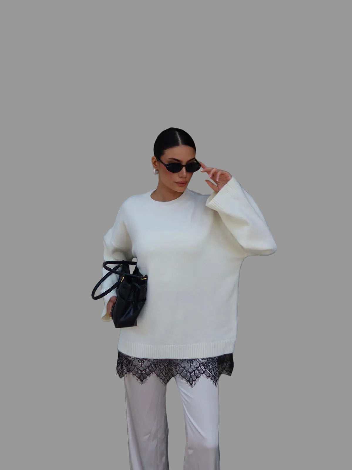 Lace hem knit jumper in white, oversized fit with wide sleeves and black lace trim - AMIRIS