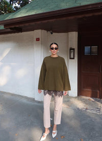 Lace hem knit jumper in olive green, oversized modest knit with black lace trim - AMIRIS