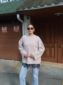 Lace hem knit jumper in beige, relaxed oversized winter knit with lace hem - AMIRIS