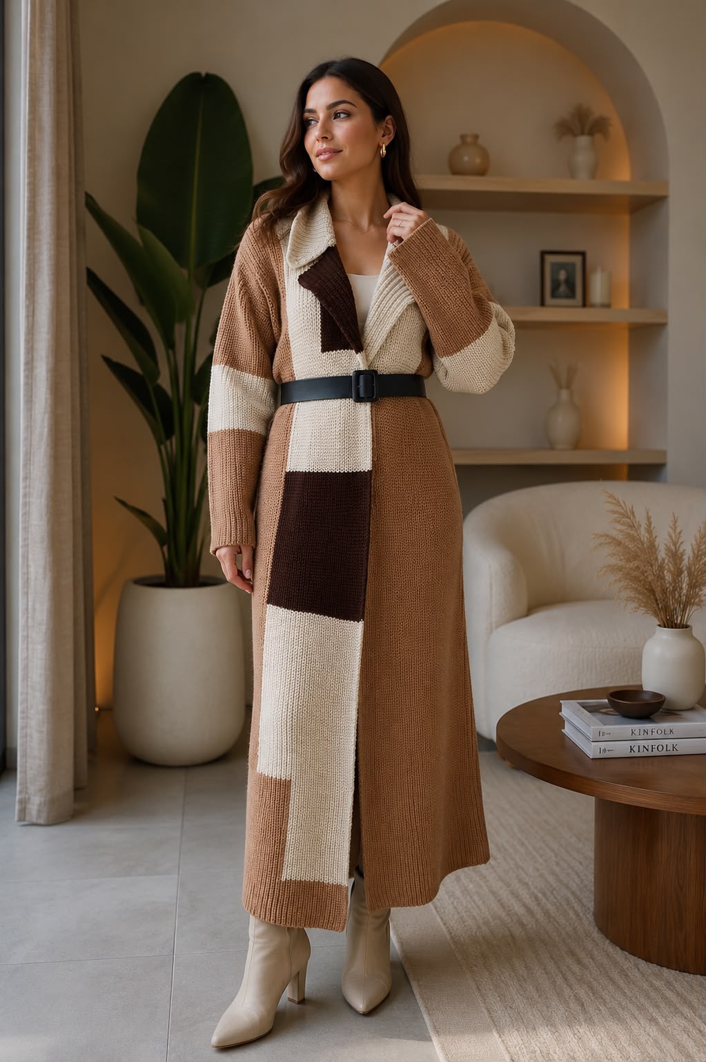 Patchwork long knit cardigan in beige, camel and cream colour-block with belt - AMIRIS