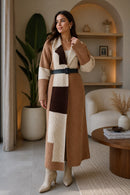 Patchwork long knit cardigan in beige, camel and cream colour-block with belt - AMIRIS