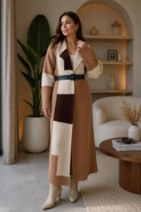 Patchwork long knit cardigan in beige, camel and cream colour-block with belt - AMIRIS
