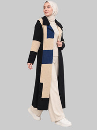 Patchwork long knit cardigan in blue, black and cream colour-block, worn with hijab - AMIRIS