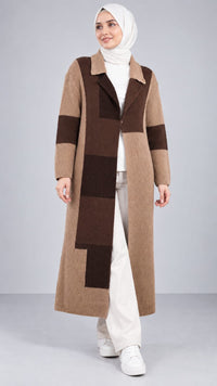 Patchwork long knit cardigan in brown, camel and chocolate colour-block maxi knit - AMIRIS