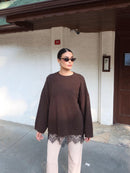 Lace hem knit jumper in brown, oversized modest knitwear with black lace hem - AMIRIS