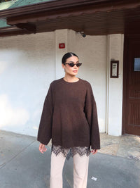 Lace hem knit jumper in brown, oversized modest knitwear with black lace hem - AMIRIS