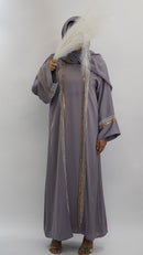 Elegant grey abaya with gold and silver beaded trim, paired with matching hijab and feather accessory.