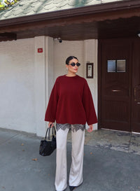 Lace hem knit jumper in maroon with wide flared sleeves and black lace trim - AMIRIS
