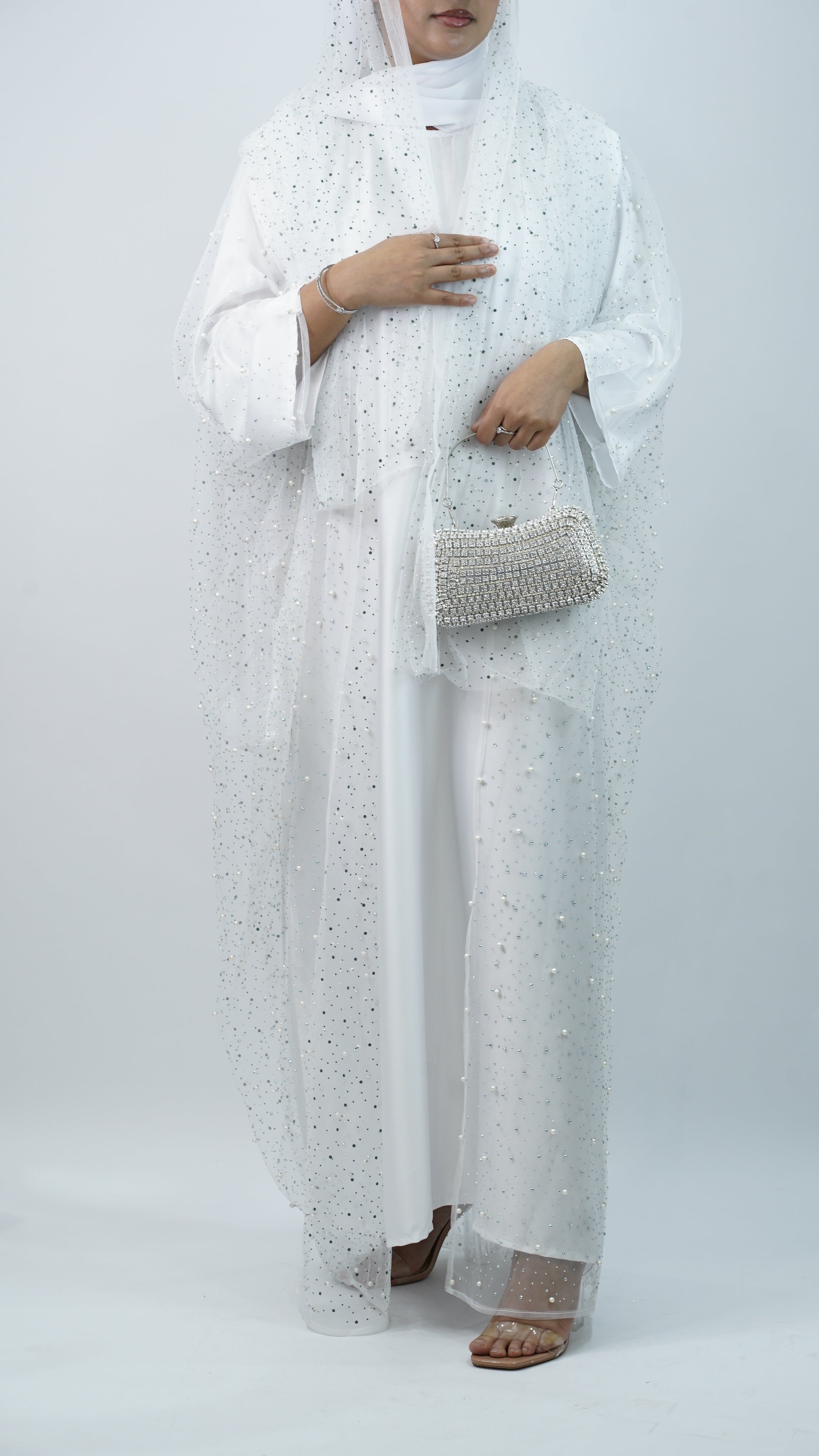 White Stone Net Farasha Abaya White